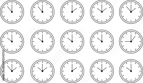 A sequential vector line icon set of analog clocks, depicting hourly time intervals for scheduling, time management, deadlines, and tracking the passage of time.