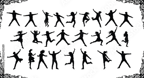 Diverse group of people in silhouette jumping and dancing with decorative borders