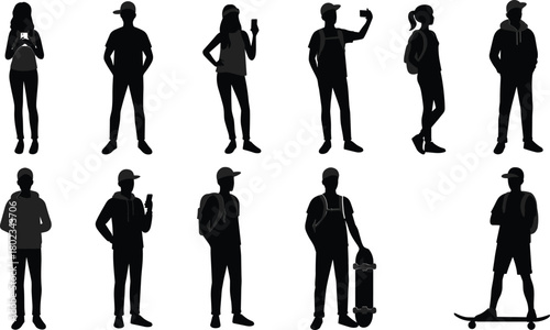 Diverse group of people silhouettes in casual clothing using smartphones and skateboards