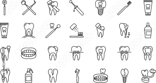 Comprehensive vector line icon set representing dentistry, oral hygiene, dental procedures, treatments, and tools, including implants, braces, cleanings, and preventative care products.