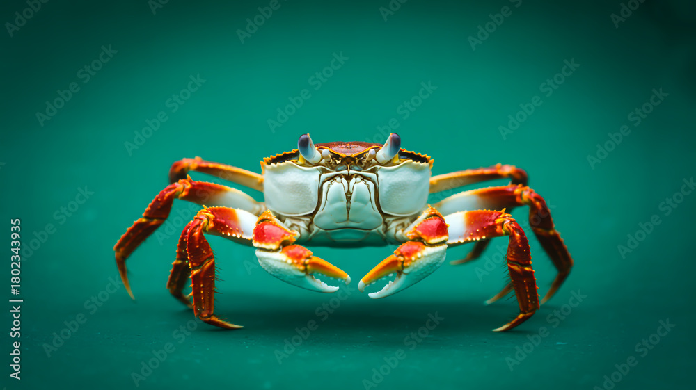 Fototapeta premium A macro photograph of a red rock crab against a solid turquoise green background
