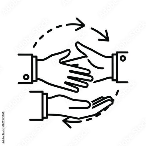 Hands engaged in a continuous exchange with circular arrows, symbolizing transaction, giving, receiving, and flow.