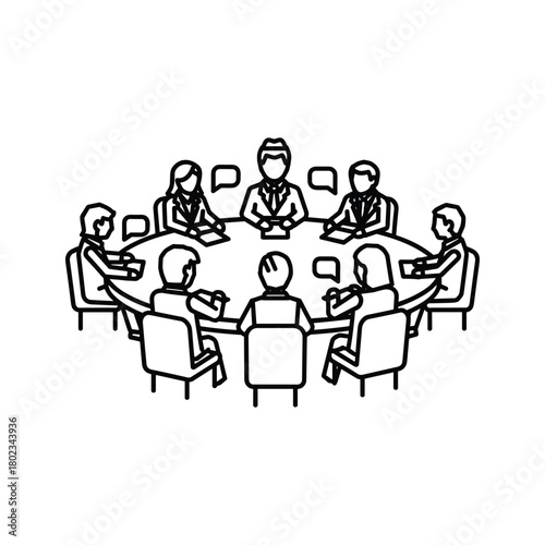 Business meeting collaboration icon: diverse team discussing ideas around a round table, strategy session.