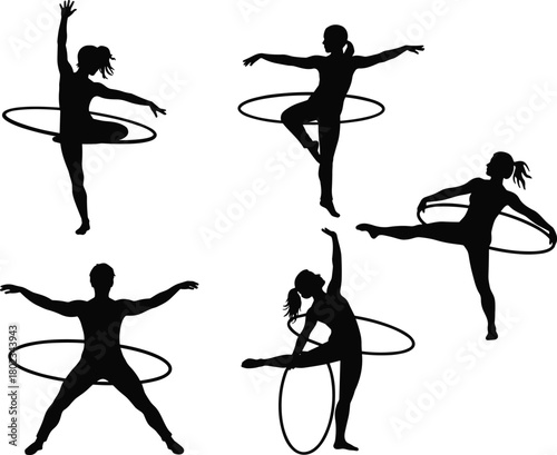 Five black silhouettes of people performing hula hoop exercises on a white background