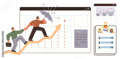 Business professionals climb upward arrow with umbrella deflecting challenges, graphs and shopping carts symbolizing sales, leaderboard showcasing competition. Ideal for success, teamwork