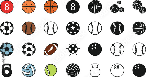 Extensive vector icon collection of various sports balls, featuring basketball, soccer, baseball, football, and volleyball in diverse color and solid silhouette styles for athletic design projects.