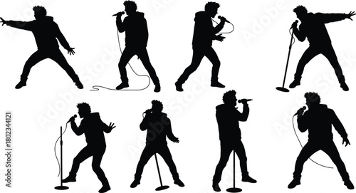 Male singer silhouette performing with microphone on stage in various poses vector