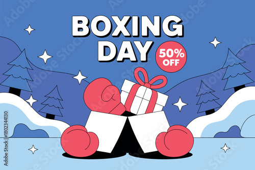 Boxing Day sale featuring a gift box with boxing gloves and 50% off discount