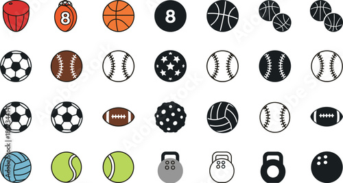 Large vector icon set featuring various types of sports equipment and balls, including basketball, soccer, baseball, tennis, and fitness weights for athletic and competitive themes.