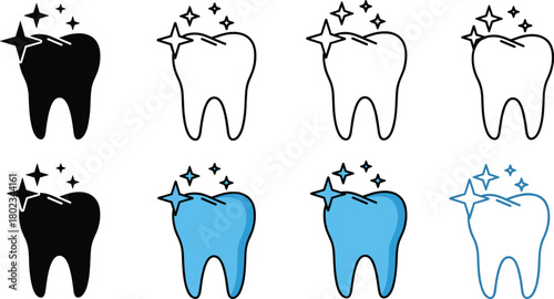 Large vector icon set showcasing shining teeth in various styles, including solid, outline, and blue colors, representing dental health, oral hygiene, and professional teeth whitening services.
