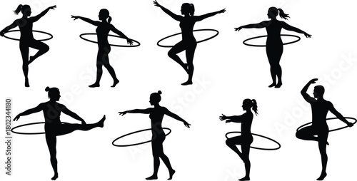 Silhouettes of people performing various hula hoop exercises and poses fitness sport