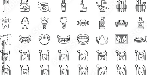 Massive vector line icon set covering all aspects of dentistry, including instruments, hygiene products, implants, dentures, braces, and various oral health procedures and equipment.