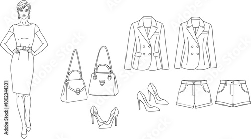 Woman in dress with fashion accessories including handbags blazers and shorts vector