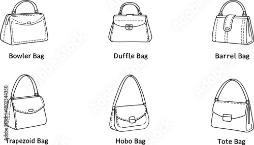 Six types of handbags illustrated with black outlines on a white background bowler bag