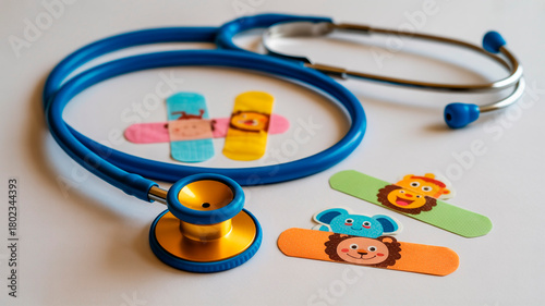 Blue stethoscope with colorful cartoon bandages on white background for pediatric care