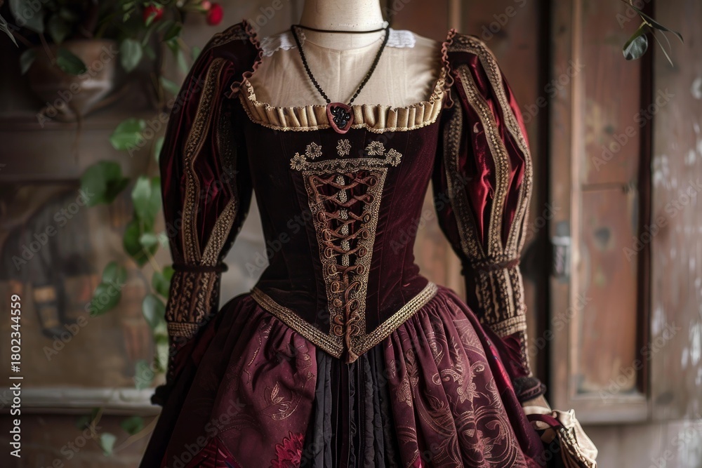 Obraz premium Elegant renaissance style dress displayed on mannequin, showcasing velvet bodice, embroidered skirt, and historical fashion