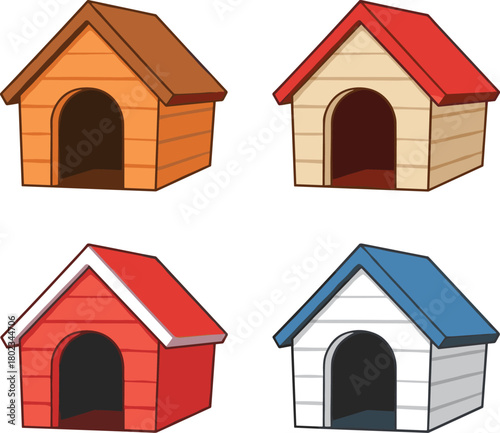 Set of colorful cartoon dog houses in various styles and shades, representing pet care, animal shelter, home comfort, and domestic animal living spaces in vector illustration.