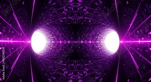 Fototapeta Naklejka Na Ścianę i Meble -  Abstract purple sci fi tunnel with glowing orbs and light beams