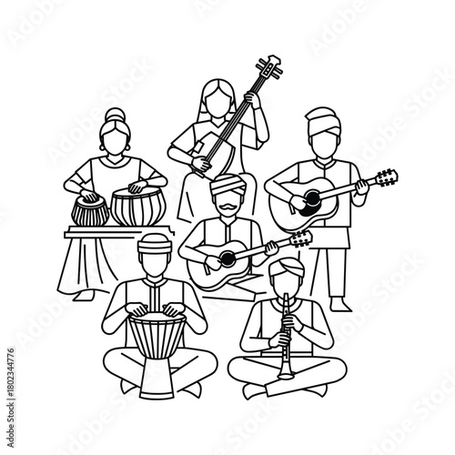 Music group illustration with diverse musicians and instruments