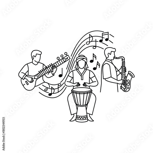 Global music band playing sitar djembe saxophone, musical notes