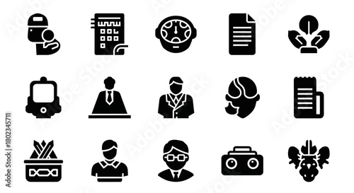 Business and technology icons set in modern silhouette style for office and innovation themes