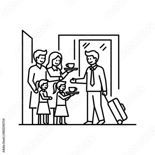 Family receiving warm welcome from hotel staff with beverages