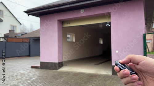Person is operating a remote control closing a garage door or gate for a car