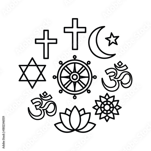 Vector outline set of various global religious symbols and icons