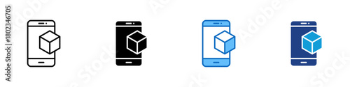 AR Visualization Multiple Style Icon Design Vector - smartphone displaying a floating cube, suggesting augmented reality viewing, interactive object rendering, and digital visualization