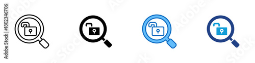 Vulnerability Assessment Multiple Style Icon Design Vector - magnifying glass examining an unlocked padlock, representing the search for weaknesses and evaluation of security gaps in systems