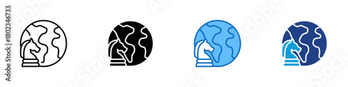 Cross Border Strategy Multiple Style Icon Design Vector - globe with a chess knight piece in front, indicating international planning, strategic decision making, and cross border business approaches