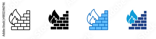 Firewall Multiple Style Icon Design Vector - brick wall with a rising flame, indicating network protection, filtering of harmful traffic, and prevention of unauthorized digital access