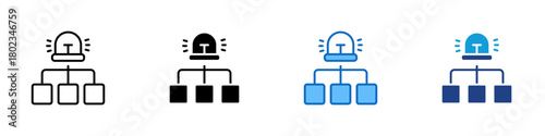 Incident Response Plan Multiple Style Icon Design Vector - alert beacon above a connected flow of three linked boxes, symbolizing structured procedures for reacting quickly to security incidents