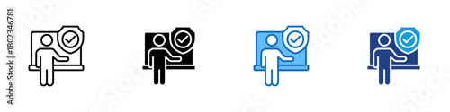 Cyber Security Training Multiple Style Icon Design Vector - person in front of a board with a shield and checkmark, conveying cybersecurity awareness, instruction, and safe digital behavior education