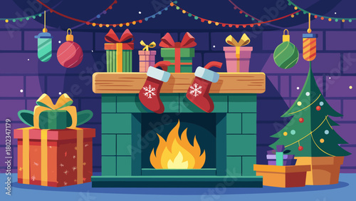 Festive christmas scene with fireplace stockings gifts and tree creating a cozy holiday atmosphere