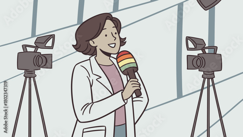Woman in lab coat speaking into a rainbow microphone with cameras on tripods around her in a studio