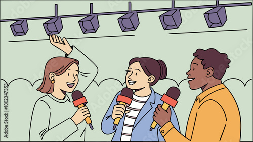 Three people holding microphones under stage lights at a press conference setting interview scene exactly