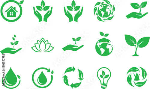 Collection of green eco friendly icons representing nature sustainability and environmental protection concepts