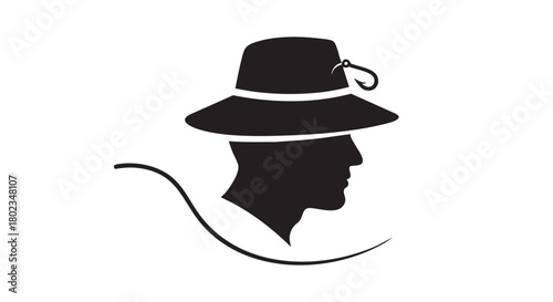 Silhouette of a person with a hat and a hook, ideal for fishing and outdoor lifestyle concepts