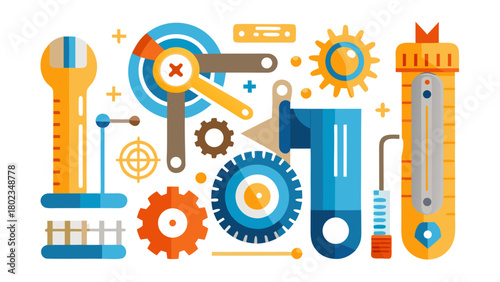 Illustration of various mechanical parts and tools in a colorful and geometric style design