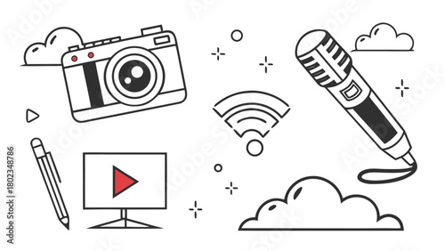 Illustration of camera microphone monitor pen wifi clouds and sparkles in a stylized design
