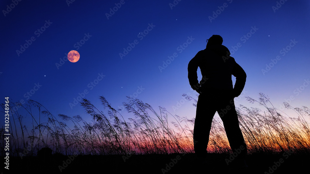 Fototapeta premium Silhouette of a man and countryside under the Moon, stars and planets in blue hour time.
