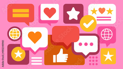 Collection of colorful speech bubbles with icons representing various feedback and social interaction types