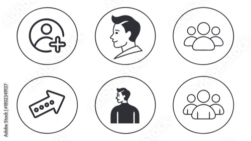 A collection of six circular icons featuring people, a plus sign, and a dotted arrow design element