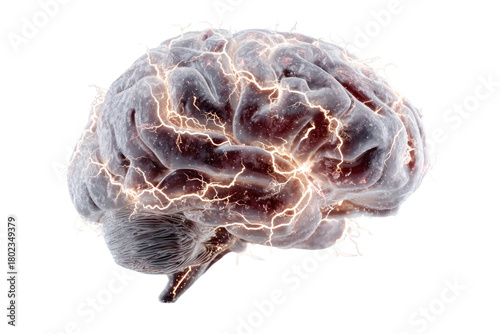 Brain Spark: A detailed view of a human brain, its intricate folds and structures illuminated by glowing electrical impulses, symbolizing the power of thought and the wonders of the mind.