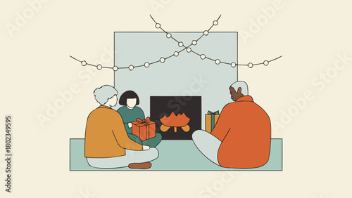 Family gathers around a fireplace with presents and string lights during the christmas holiday season