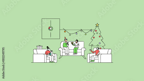 People celebrating christmas in a living room with tree lights and gifts on a light green background