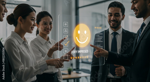 Diverse team collaborates joyfully interacting with futuristic digital interface for customer feedback and satisfaction metrics