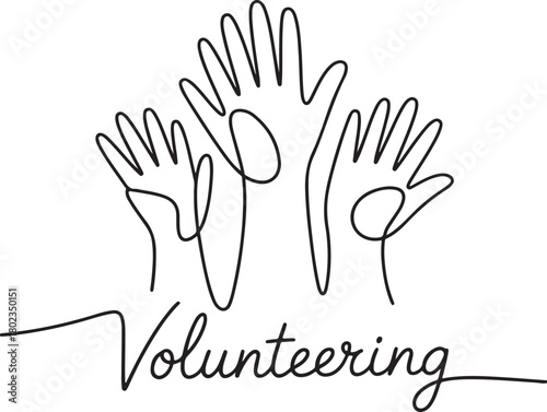 Continuous One Line Drawing of Raised Hands – Volunteering Concept Vector