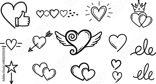Collection of hand drawn heart doodles and symbols including thumbs up crown and wings for love and romance